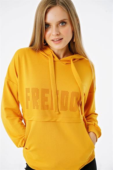 Kadın Freedom Baskılı Cepli Kapüşonlu Sweatshirt