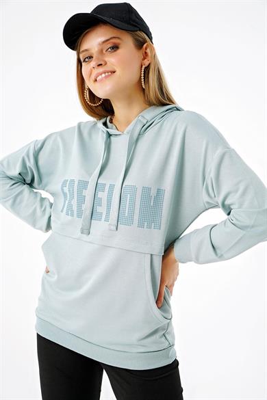Kadın Freedom Baskılı Cepli Kapüşonlu Sweatshirt
