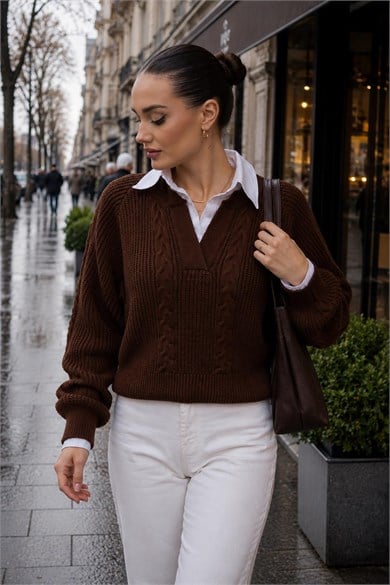 Kadın Gömlek Yaka Detaylı Selanik Örme Kazak 255153 - 265006
