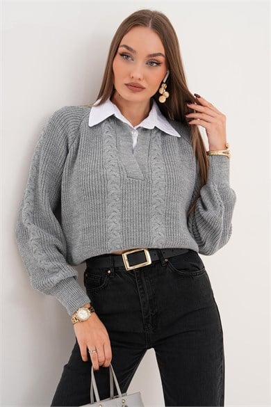 Kadın Gömlek Yaka Detaylı Selanik Örme Kazak 255153 - 265006