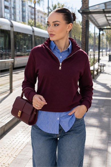 Kadın Gömlek Yaka Görünümlü Fermuarlı Sweatshirt 265129 -
