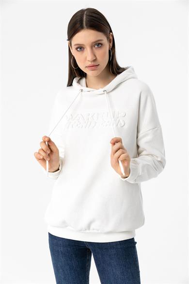 Kadın Kabartma Baskılı Kapüşonlu Üç İplik Sweatshirt
