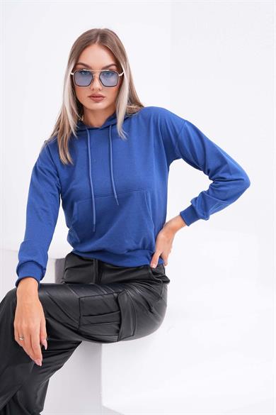 Kadın Kanguru Cepli Kapüşon Detaylı İki İplik Kısa Sweatshirt 245123 -