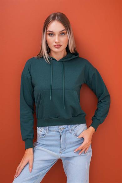 Kadın Kanguru Cepli Kapüşon Detaylı İki İplik Kısa Sweatshirt 245123 -