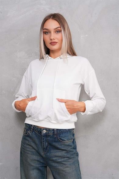 Kadın Kanguru Cepli Kapüşon Detaylı İki İplik Kısa Sweatshirt 245123 -