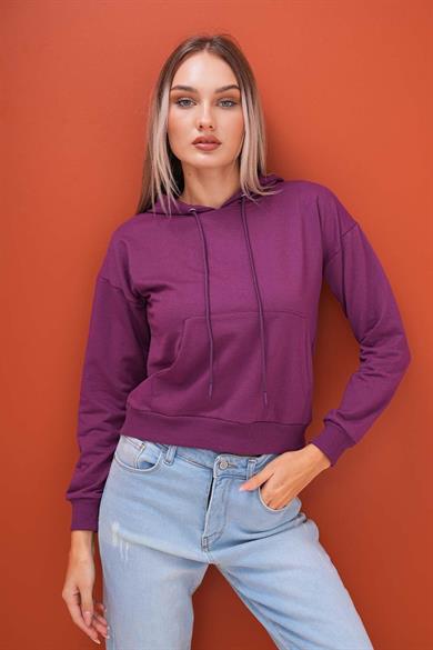 Kadın Kanguru Cepli Kapüşon Detaylı İki İplik Kısa Sweatshirt 245123 -