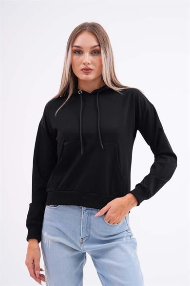 Kadın Kanguru Cepli Kapüşon Detaylı İki İplik Kısa Sweatshirt 245123 -