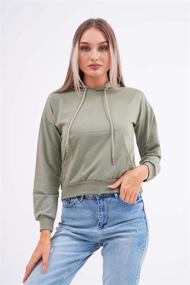 Kadın Kanguru Cepli Kapüşon Detaylı İki İplik Kısa Sweatshirt 245123 -