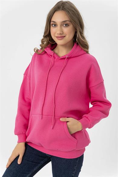 Kadın Kanguru Cepli Kapüşonlu Üç İplik Oversize Sweatshirt