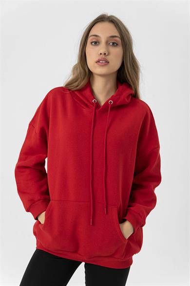 Kadın Kanguru Cepli Kapüşonlu Üç İplik Oversize Sweatshirt