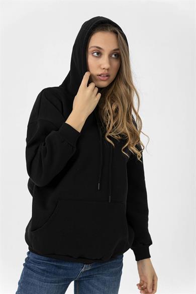 Kadın Kanguru Cepli Kapüşonlu Üç İplik Oversize Sweatshirt