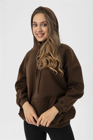 Kadın Kanguru Cepli Kapüşonlu Üç İplik Oversize Sweatshirt