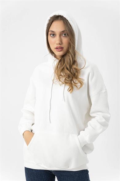Kadın Kanguru Cepli Kapüşonlu Üç İplik Oversize Sweatshirt