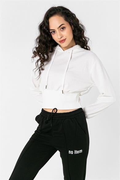 Kadın Kapüşonlu Beli Lastikli Kısa Sweatshirt