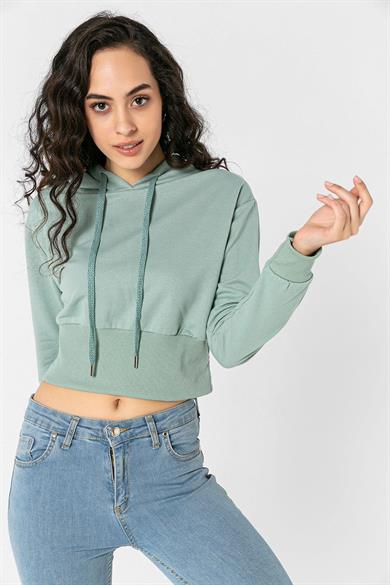 Kadın Kapüşonlu Beli Lastikli Kısa Sweatshirt