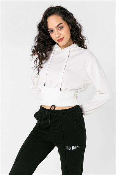 Kadın Kapüşonlu Beli Lastikli Kısa Sweatshirt
