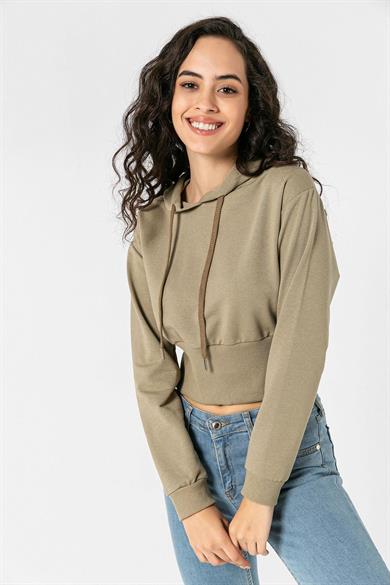 Kadın Kapüşonlu Beli Lastikli Kısa Sweatshirt