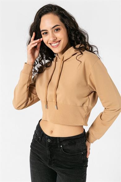 Kadın Kapüşonlu Beli Lastikli Kısa Sweatshirt