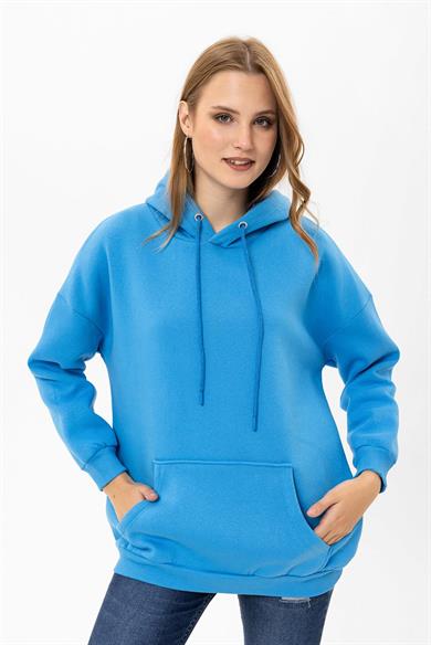 Kadın Kapüşonlu Kanguru Cep Detaylı Üç İplik Sweatshirt