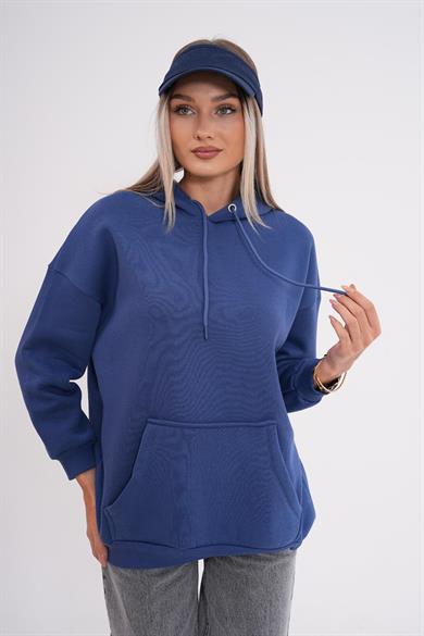 Kadın Kapüşonlu Kanguru Cepli Üç İplik Sweatshirt 245089 -