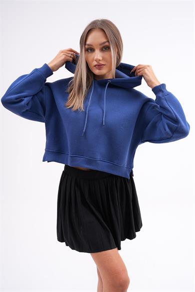 Kadın Kapüşonlu Yan Yırtmaç Detaylı Üç İplik Kısa Sweatshirt 255025 -