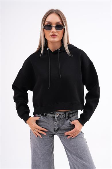 Kadın Kapüşonlu Yan Yırtmaç Detaylı Üç İplik Kısa Sweatshirt 255025 -