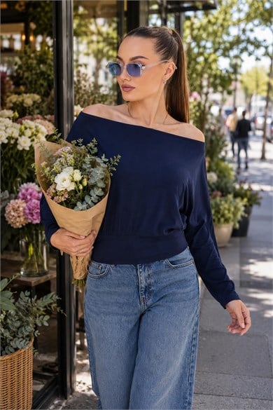 Kadın Kayık Yaka Beli Lastik Detaylı Salaş Bluz 260248 - 265084