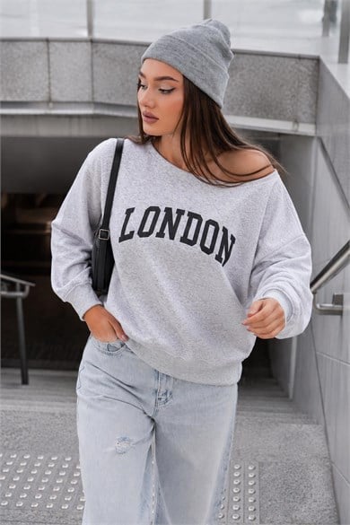 Kadın Kayık Yaka London Baskılı Sweatshirt 265114 -
