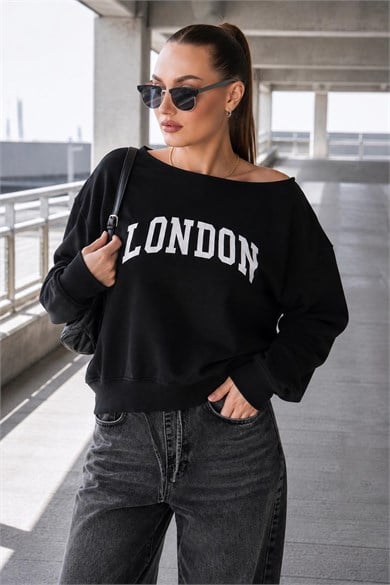 Kadın Kayık Yaka London Baskılı Sweatshirt 265114 -