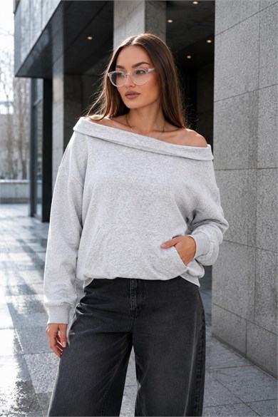 Kadın Kayık Yaka Şardonsuz Üç İplik Sweatshirt 265095 -