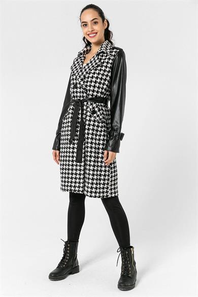 Kadın Kaz Ayağı Desenli Kol Kemer Deri Detaylı Trençkot