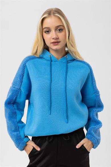 Kadın Kol Peluş Detaylı Kapüşonlu Sweatshirt