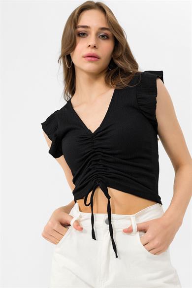 Kadın Kolları Fırfırlı Önü Büzgü Detaylı Crop Bluz