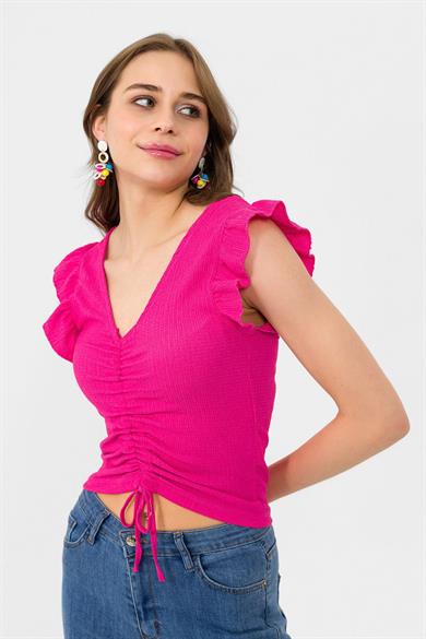 Kadın Kolları Fırfırlı Önü Büzgü Detaylı Crop Bluz