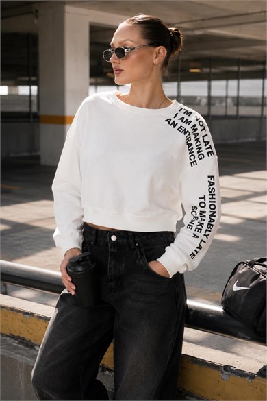 Kadın Kolu Baskı Detaylı Oversize Kısa Sweatshirt 265140 -