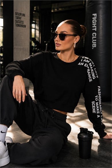 Kadın Kolu Baskı Detaylı Oversize Kısa Sweatshirt 265140 -