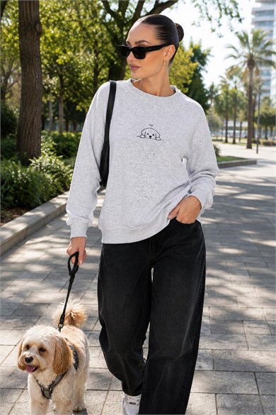Kadın Köpek Nakışlı Şardonlu Üç İplik Sweatshirt 265134 -