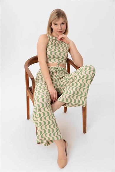 Kadın Kurdele Desen Crop Pantolon İkili Takım 250054 -