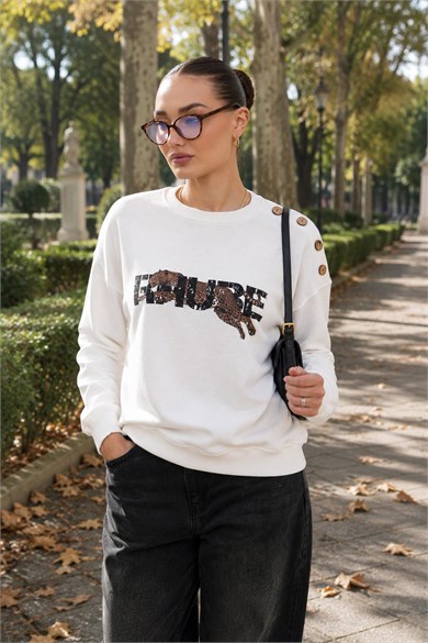 Kadın Leopar Baskılı Omzu Düğme Detaylı Sweatshirt 265116 -