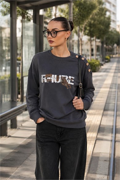 Kadın Leopar Baskılı Omzu Düğme Detaylı Sweatshirt 265116 -