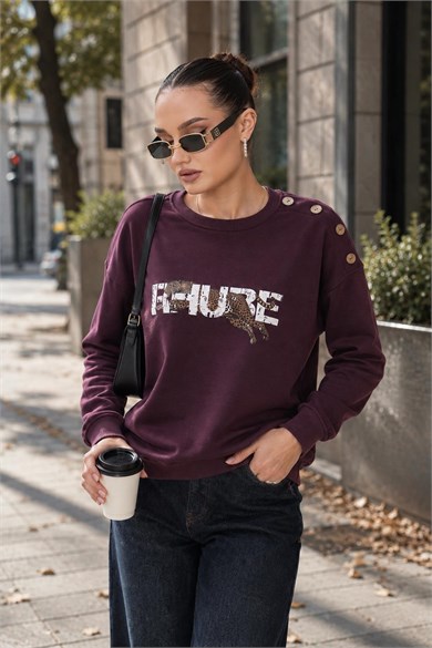 Kadın Leopar Baskılı Omzu Düğme Detaylı Sweatshirt 265116 -