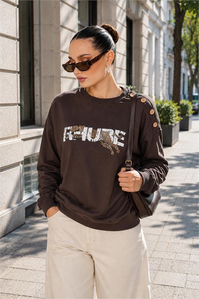 Kadın Leopar Baskılı Omzu Düğme Detaylı Sweatshirt 265116 -
