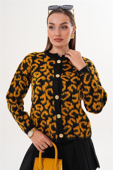 Kadın Leopar Desen Düğme Kapamalı Triko Örme Hırka 255143 -