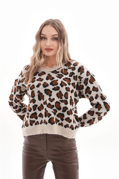 Kadın Leopar Desen Triko Örme Kazak 245379 -
