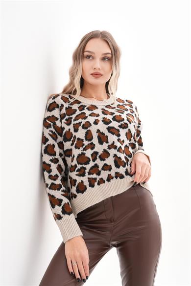 Kadın Leopar Desen Triko Örme Kazak 245379 -