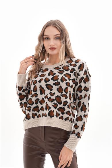 Kadın Leopar Desen Triko Örme Kazak 245379 -