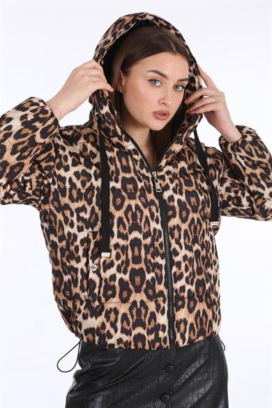 Kadın Leopar Desenli Şişme Mont