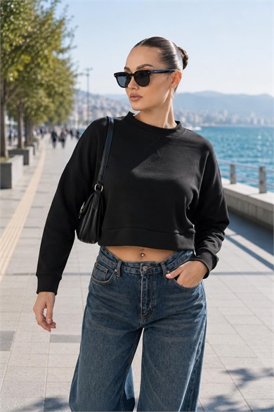Kadın Moda Bisiklet Yaka Kısa Sweatshirt 265138 -