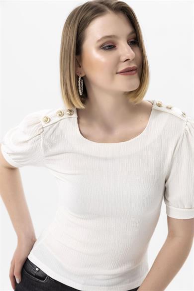 Kadın Omuzları Düğme Detaylı Bluz