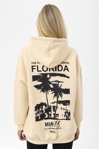 Kadın Ön Arka Baskı Detaylı Kapüşonlu Oversize Üç İplik Sweatshirt